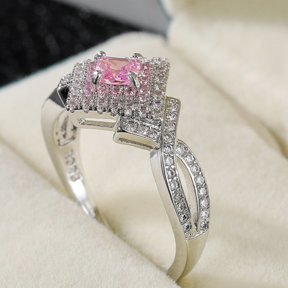😍Beautiful Silver Pure Pink Double Layer Weave Princess Cut CZ Ring, K832 - Picture 3 of 11